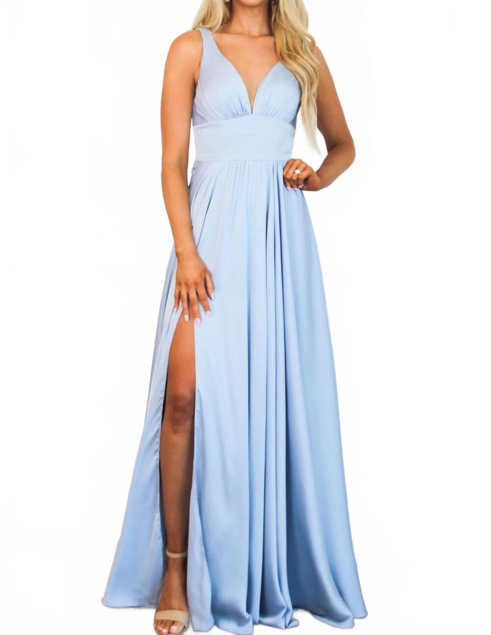 NEW CINDERELLA DIVINE remi satin v-neck slit formal dress in cinderella blue